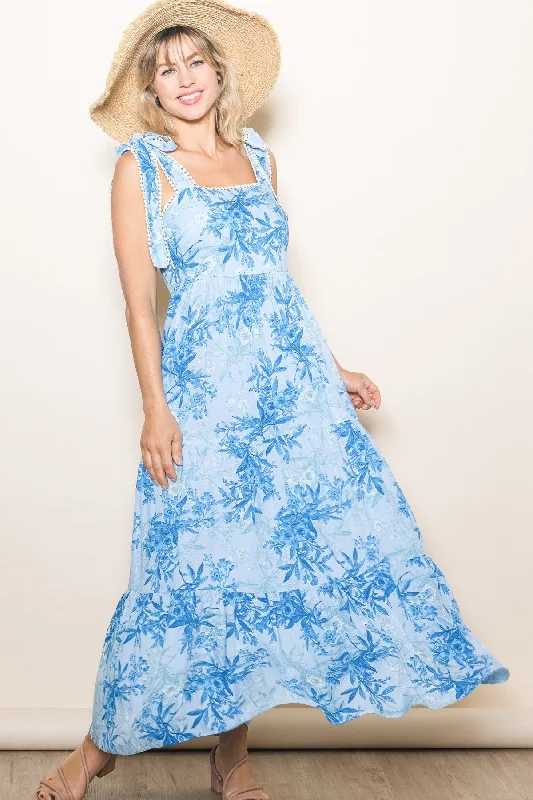 Blue Crochet Trim Floral Maxi Dress Comfortable maxi dresses for everyday wear