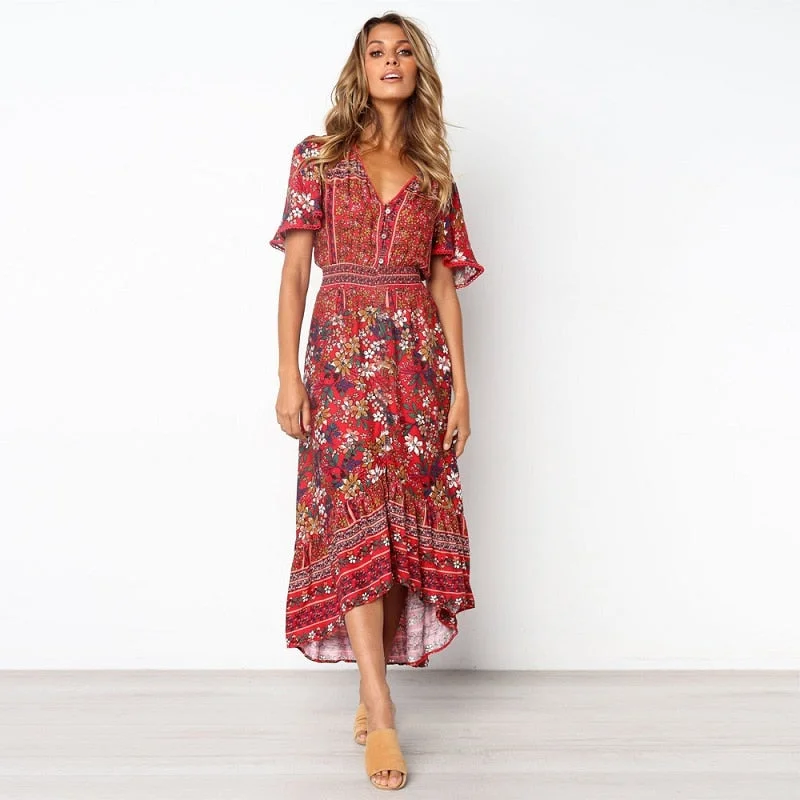boho hippie chic button waist frill print maxi dress Vintage women v neck short sleeve beach trip 2019 frocks long tunic dress Best maxi dresses for curvy figures boho hippie chic button waist frill print maxi dress Vintage women v neck short sleeve beach trip 2019 frocks long tunic dress Best maxi dresses for curvy figures