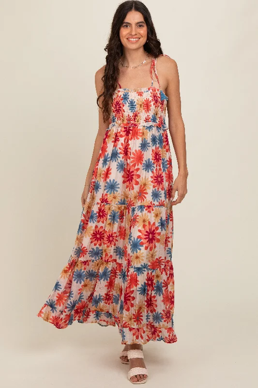 Coral Floral Smocked Shoulder Tie Maxi Dress Best maxi dresses for formal events