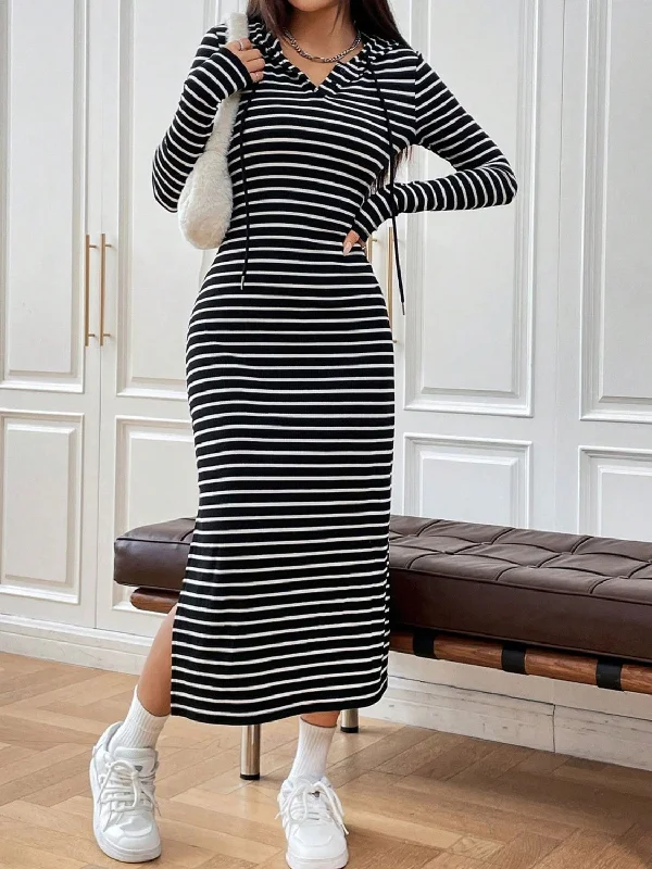 Drawstring Striped Long Sleeve Hooded Dress Sequin maxi dresses