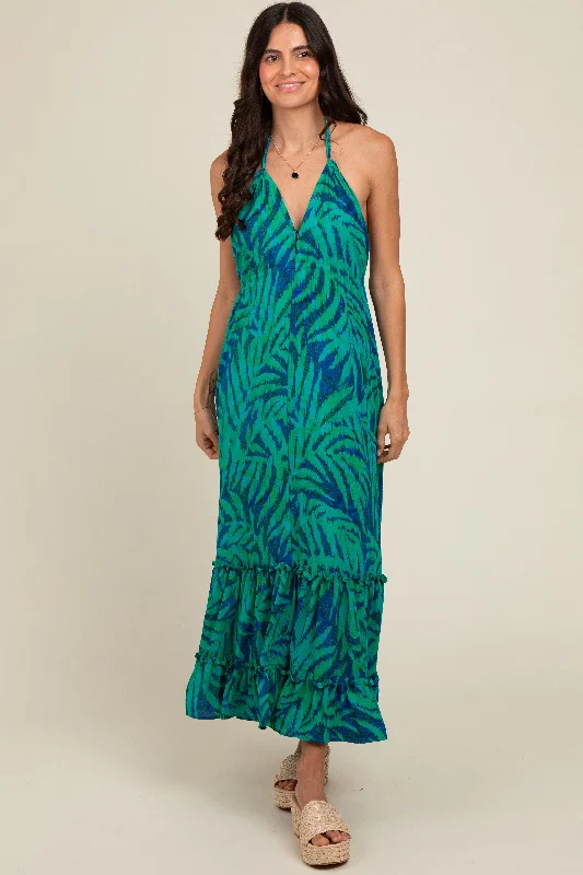 Green Leaf Print Halter Maternity Maxi Dress Silk maxi dresses