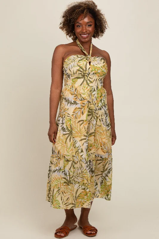 Light Yellow Tropical Halter Maxi Dress Trendy maxi dresses under $50