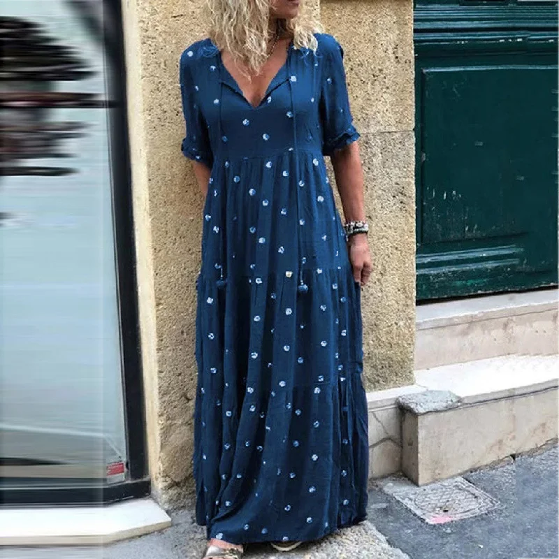 Long Dress Summer 2019 Women Boho Style Polka Dot Printed Party Maxi Dress Female Loose Cold Shoulder V Neck Ruffle Bow Dress Designer maxi dresses Long Dress Summer 2019 Women Boho Style Polka Dot Printed Party Maxi Dress Female Loose Cold Shoulder V Neck Ruffle Bow Dress Designer maxi dresses