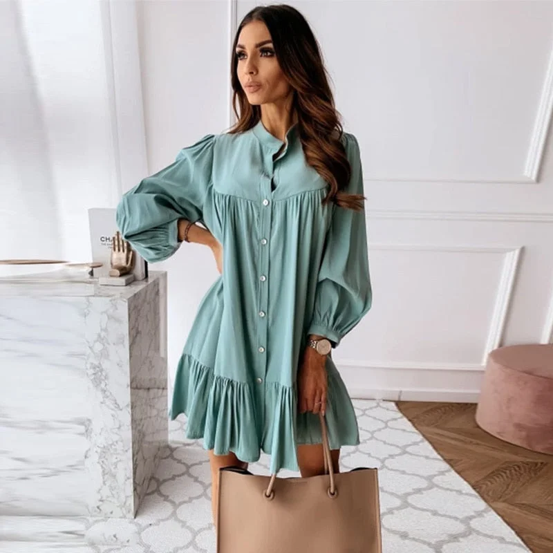 Amy Fashion - Long Sleeve Stand Collar Solid Elegant Dress Casual maxi dresses