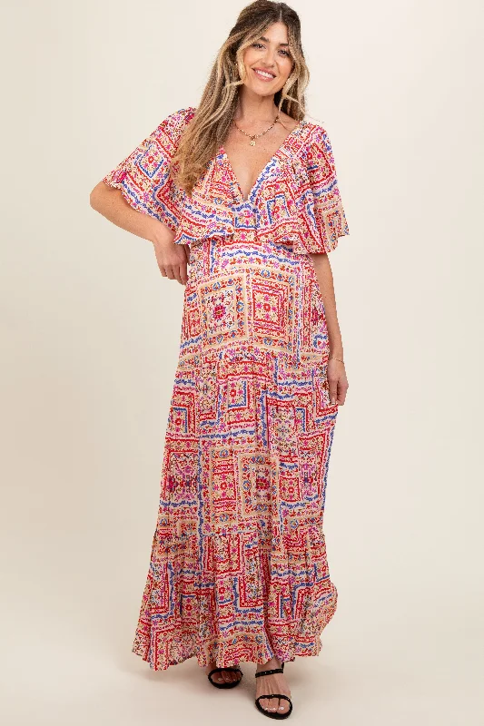 Multicolor Floral Deep V-Neck Tiered Maternity Maxi Dress Y2K maxi dresses