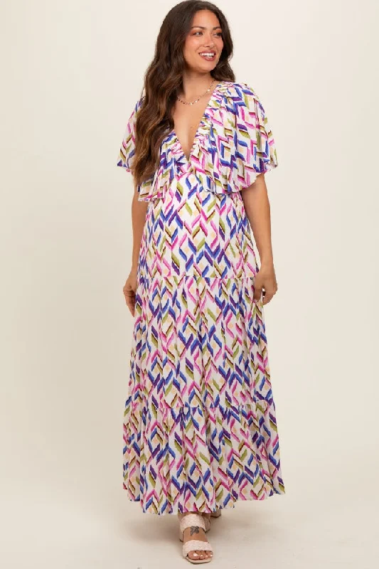 Multicolor Printed Deep V-Neck Tiered Maternity Maxi Dress Wedding guest maxi dresses