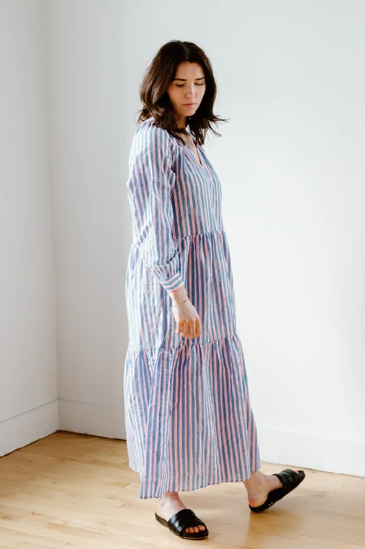 Neon Pink Stripe Puff Sleeve Maxi Dress Ruffled maxi dresses