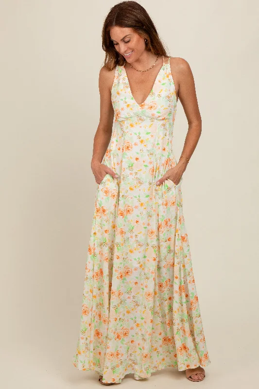Peach Floral Crisscross Back Maxi Dress Women's trendy maxi dresses sale