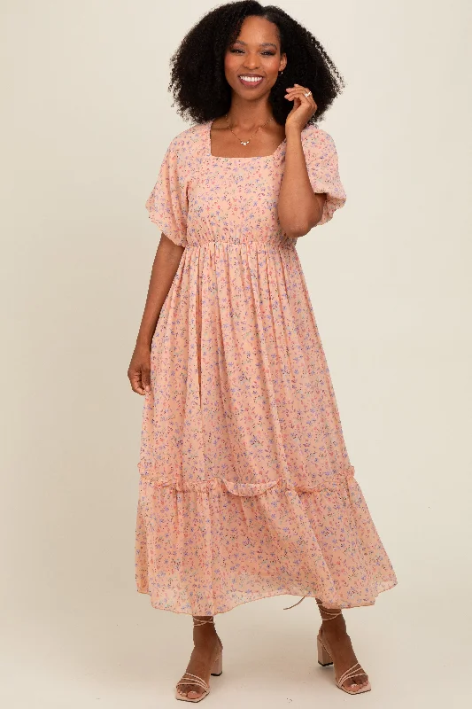 Peach Floral Ruffle Hem Maxi Dress Flowy maxi dresses