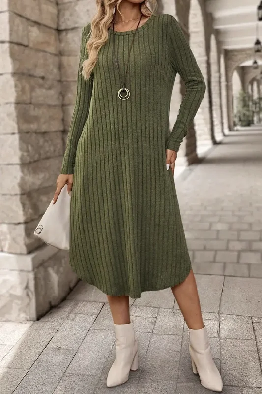 Ribbed Curved Hem Round Neck Long Sleeve Dress Beach maxi dresses