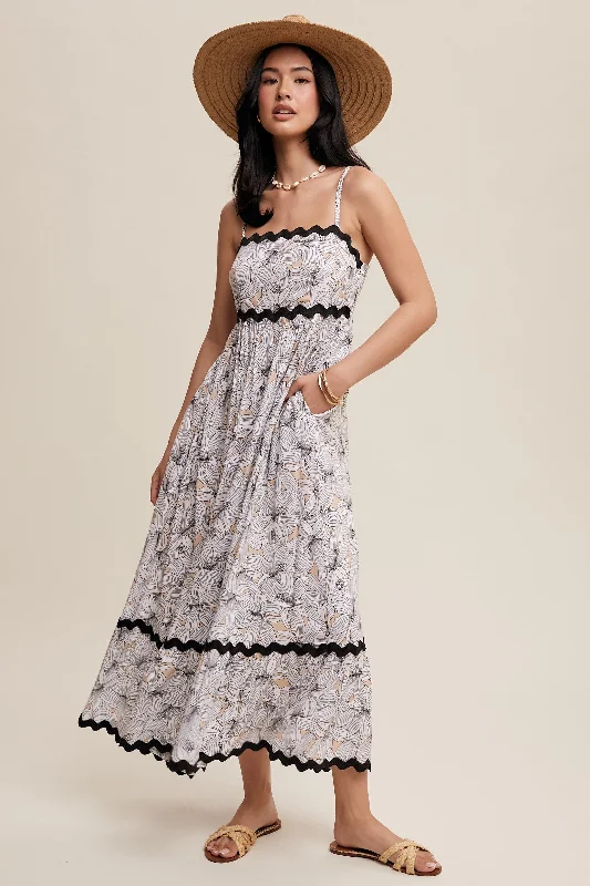 Taupe Floral Wavy Trim Maxi Dress Festival maxi dresses