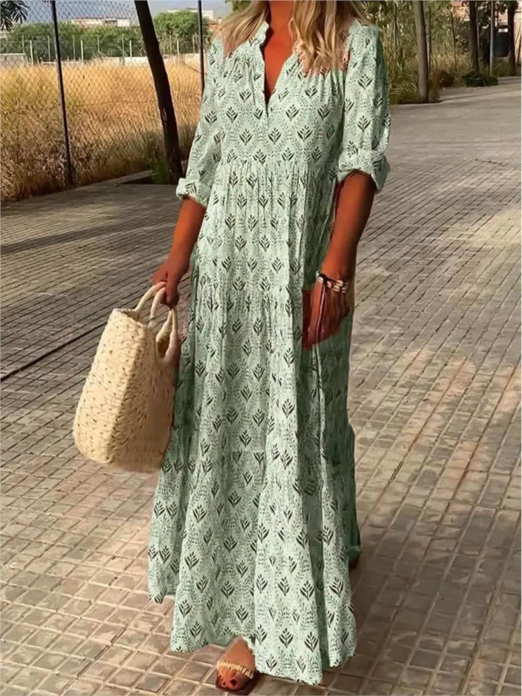 Amy Fashion - Vintage V-neck Flower Printed Maxi Boho Dress Leather maxi dresses