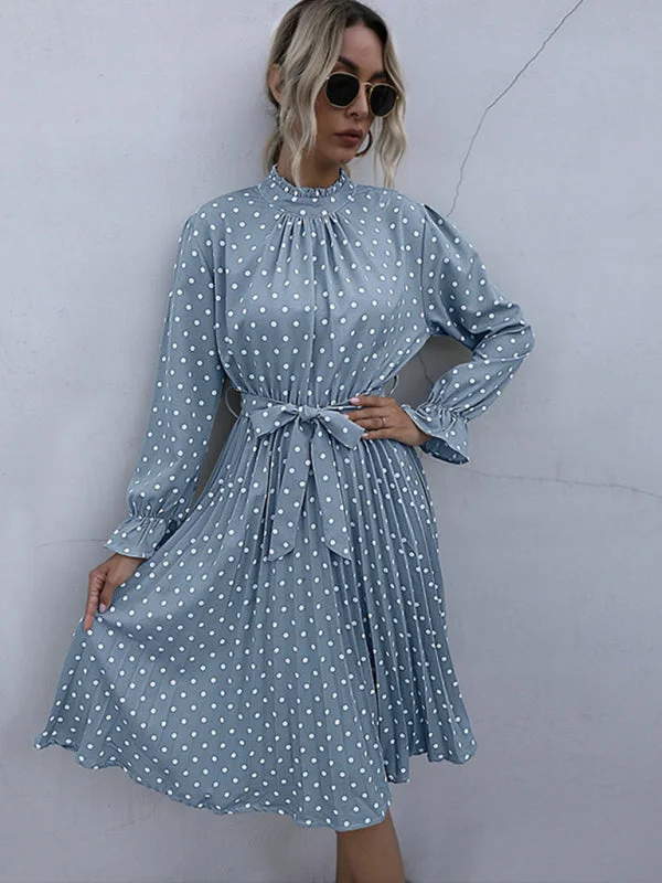 Vintage Women's Pleated Turtleneck Polka Dot Long Sleeve Slim Dress Stretchy maxi dresses