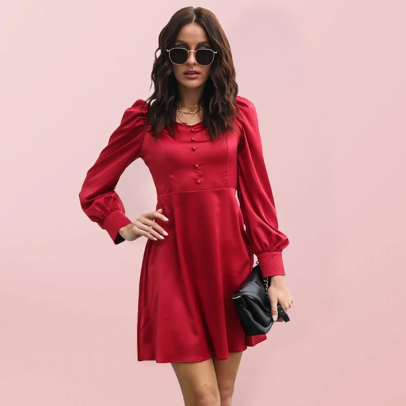 Women's color satin love collar bubble sleeve French Long Sleeve Dress Expensive maxi dresses Women's color satin love collar bubble sleeve French Long Sleeve Dress Expensive maxi dresses