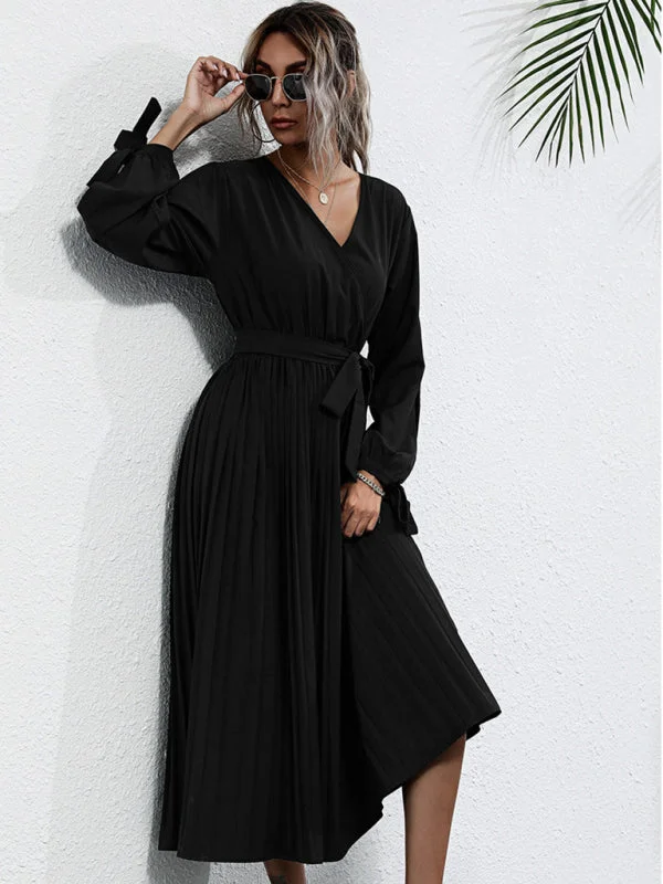 Women's Solid Color V-Neck Cutout Long Sleeve Dress A-line maxi dresses