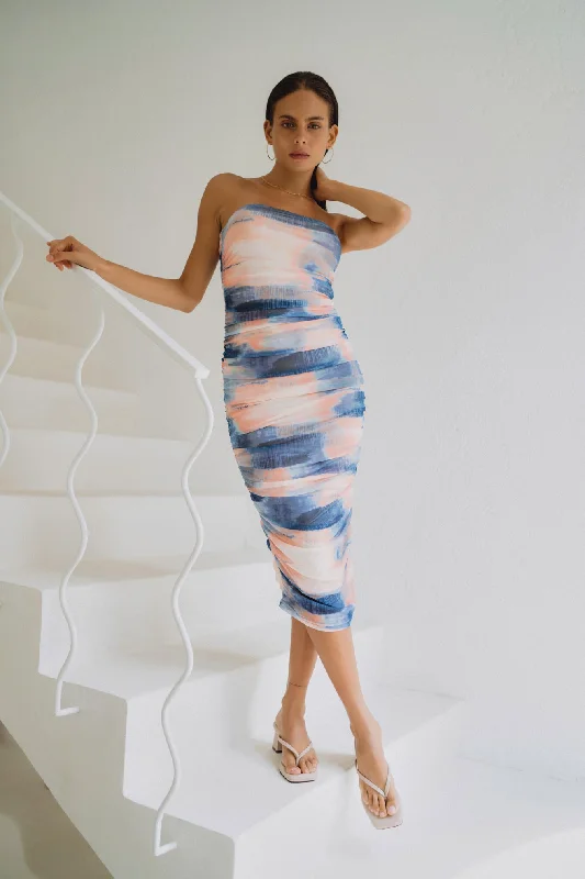 Kylie Blue Abstract Mesh Ruched Bodycon Midi Dress Expensive midi dresses