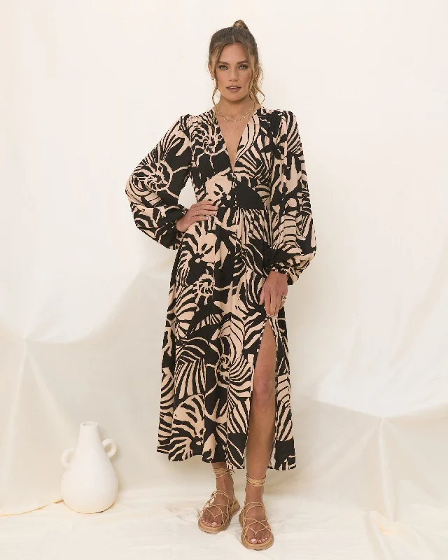 Maris Black Sand Abstract Shell Midi Dress Best midi dresses for elegant looks
