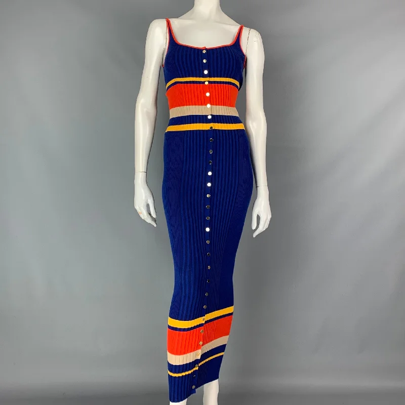 PACO RABANNE Size XS Multi-Color Striped Ribbed Cotton Blend Midi Dress Sexy little black midi dresses