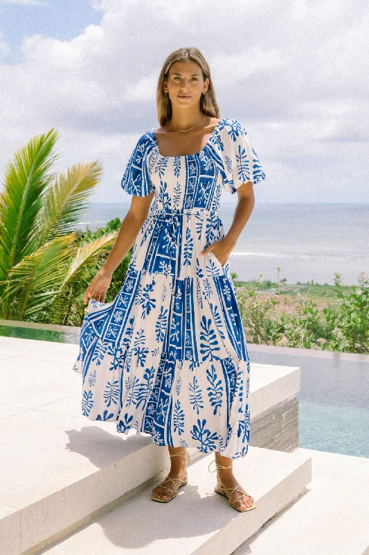 Thalyssa Blue Abstract Puff Sleeve Midi Dress Best midi dresses for summer vacation