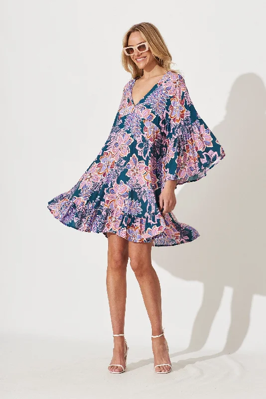 Skylar Smock Dress In Green With Pink Multi Floral Romantic floral dresses