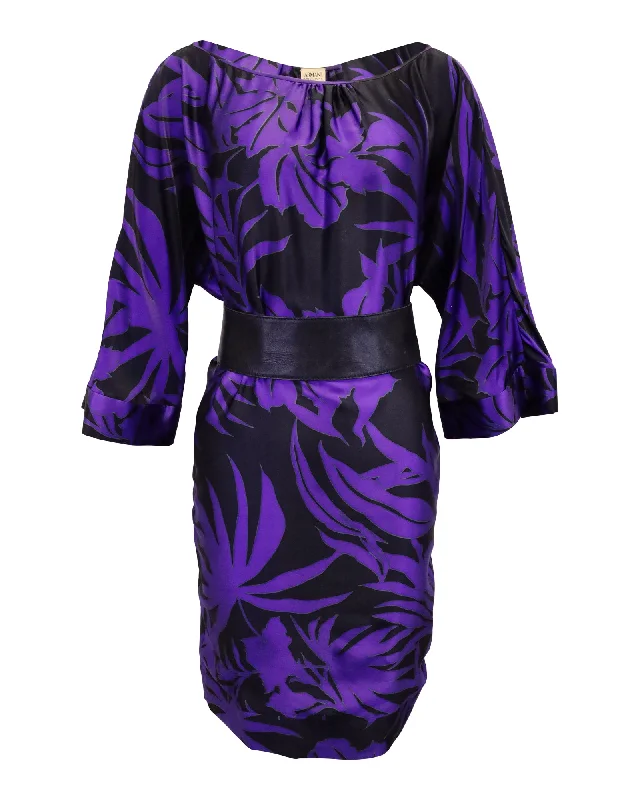 Armani Collezioni Printed Belted Dress in Violet Silk Best-selling unclassified dresses