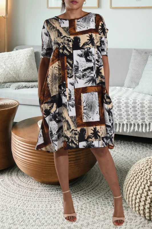 Brown Printed Tunic Pocket Dress Preppy unclassified dresses