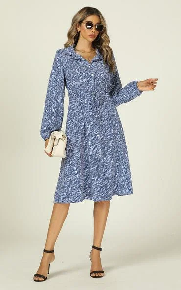 Floral Print MidiLittle Leaf Print Shirt Midi Dress With Tie Waist In Blue Classic A-line Skirt