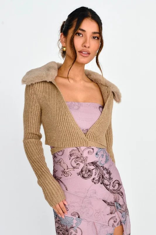 Hollyoak Fur Collar Knit Crop Top Oatmeal Embroidered unclassified dresses