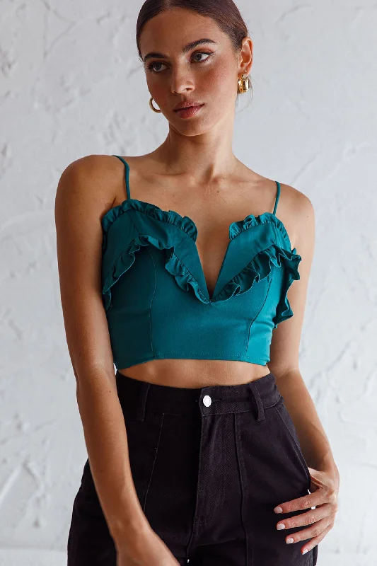 La Seine V-Neckline Frill Trim Crop Top Forest Green Wrap unclassified dresses