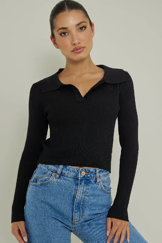 Lake Days Collared Knit Top Black Flowy unclassified dresses