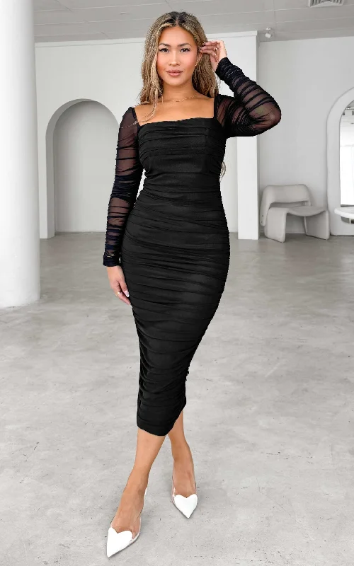 Lovick Mesh Midi Dress - Black Pleated A-line Skirt
