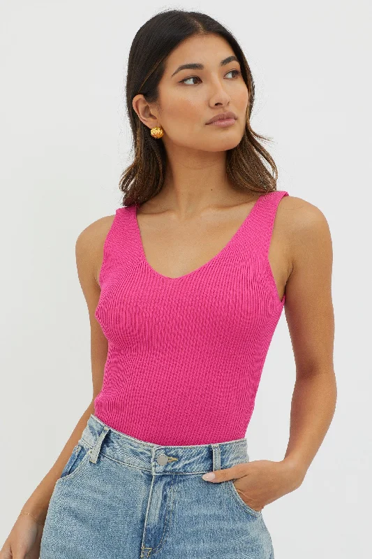 Off-Duty V-Neck Ribbed Knit Top Hot Pink Budget-friendly unclassified dresses