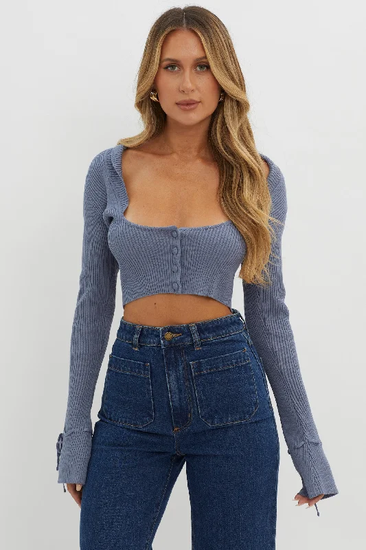 Pippi Flared Cuff Knit Crop Top Dusty Blue Petite unclassified dresses