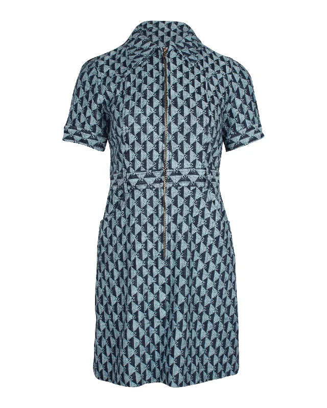 Sandro Monogram-Print Dress in Blue Cotton Smocked unclassified dresses